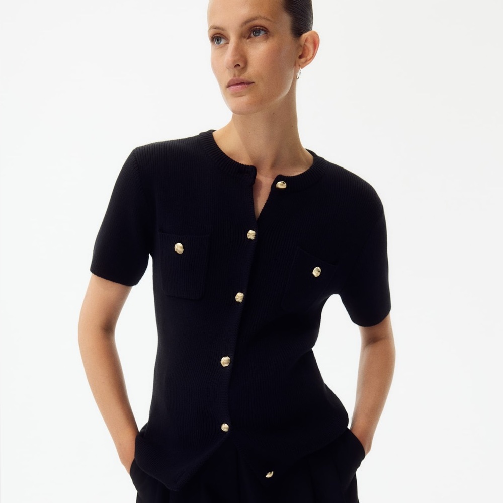 H&M Maternity Black Short-Sleeve Knit Cardigan with Gold Buttons